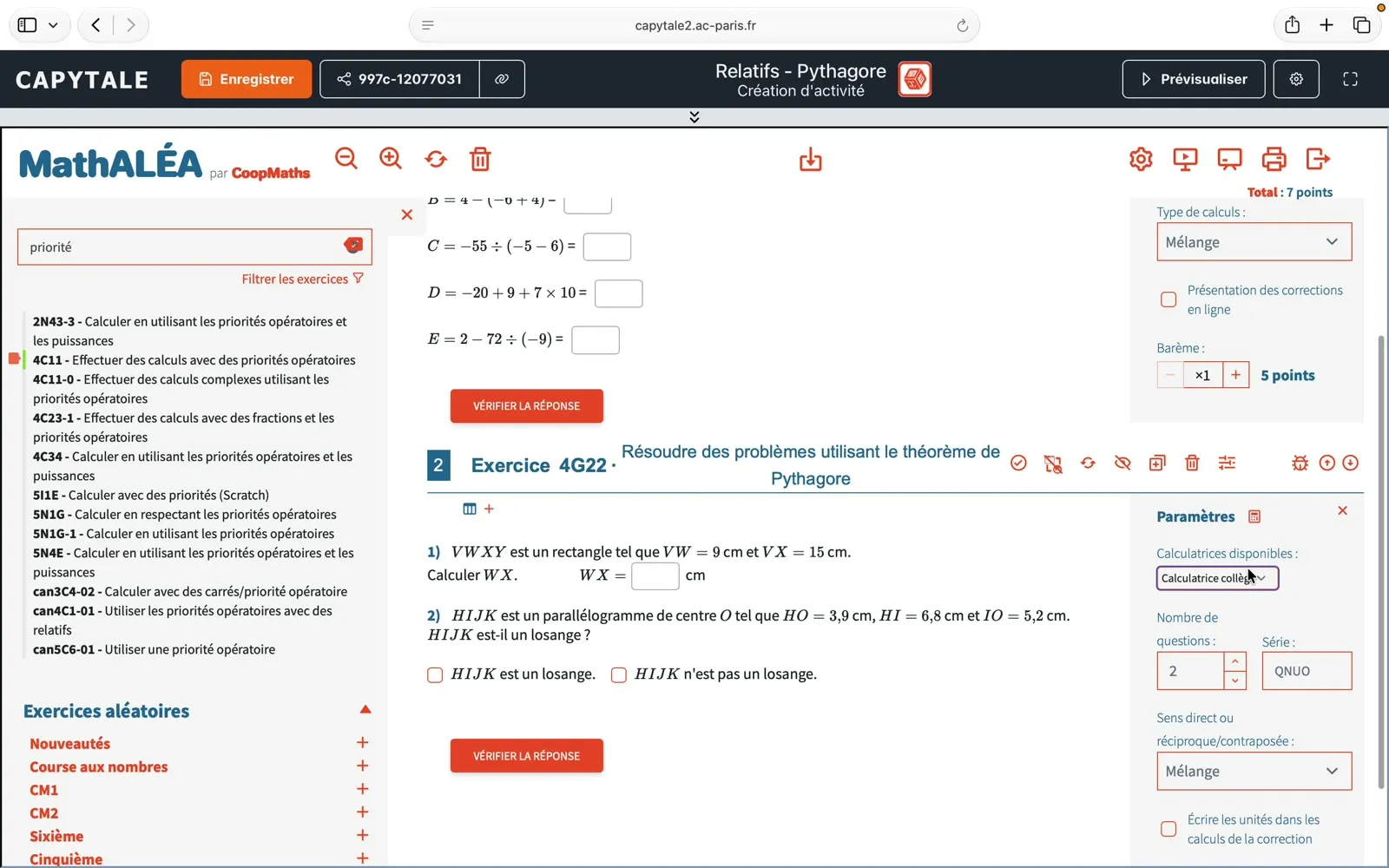 Paramètre « Calculatrices disponibles » d'un exercice