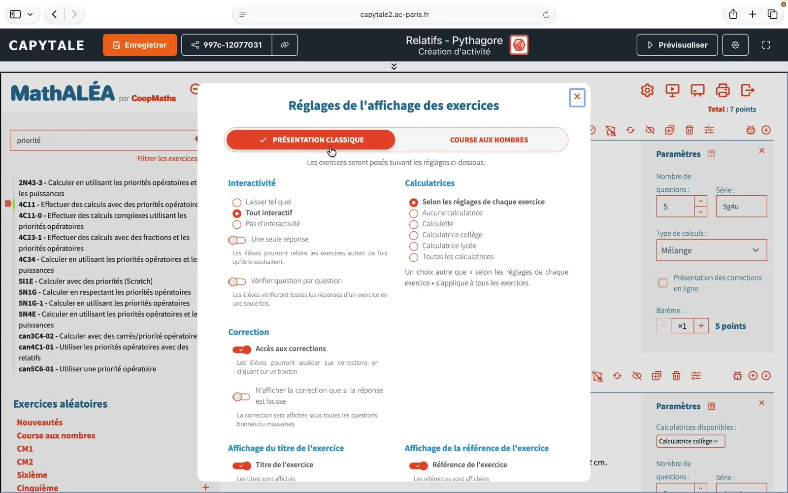 Réglages de la présentation classique : interactivité et calculatrices
