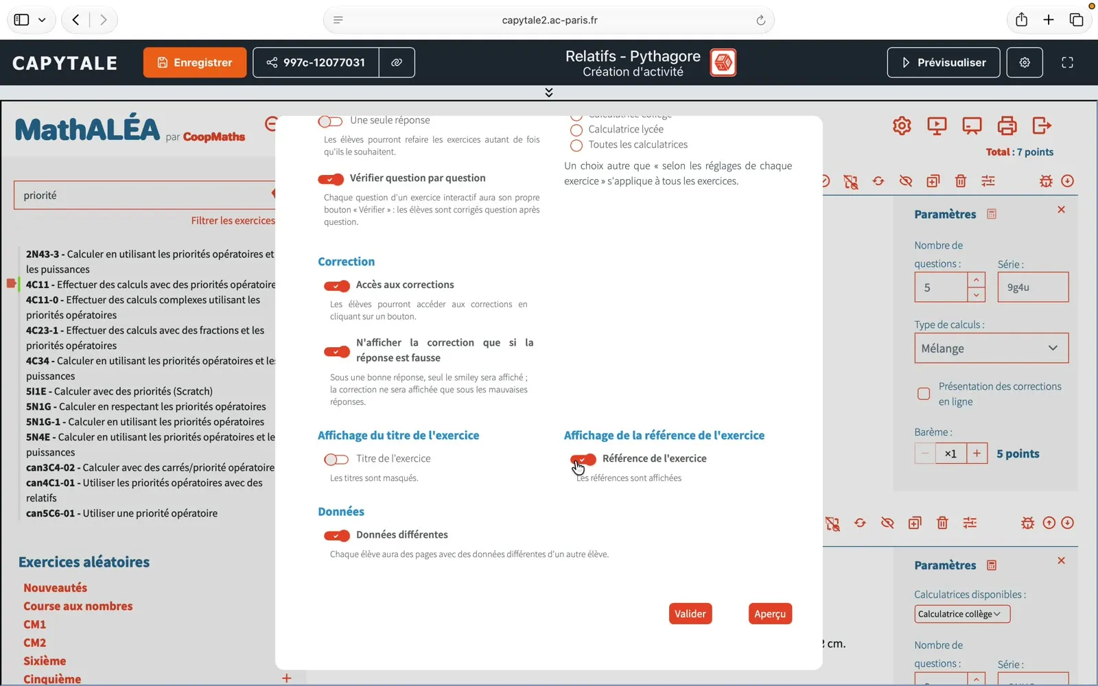 Réglages des corrections, des titres et des données