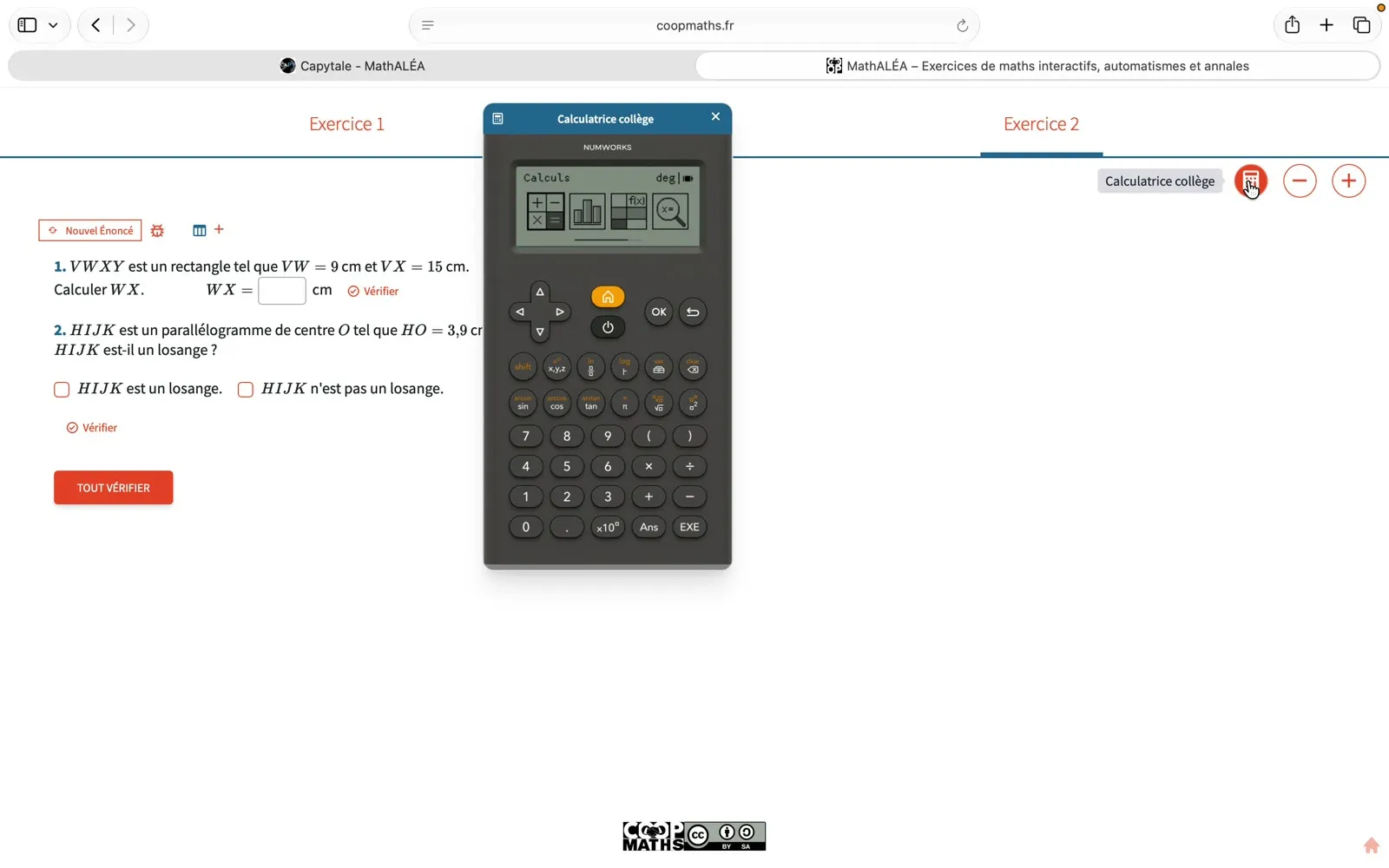 La calculatrice NumWorks collège dans l'exercice