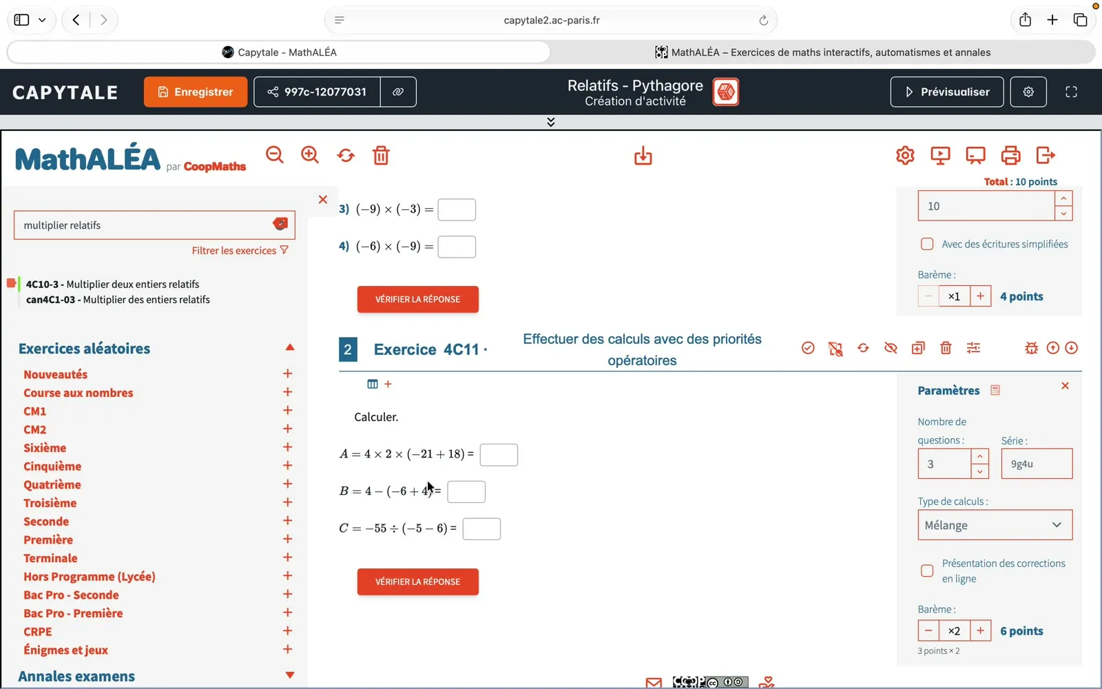 Barème ×2 sur le deuxième exercice : total de 10 points