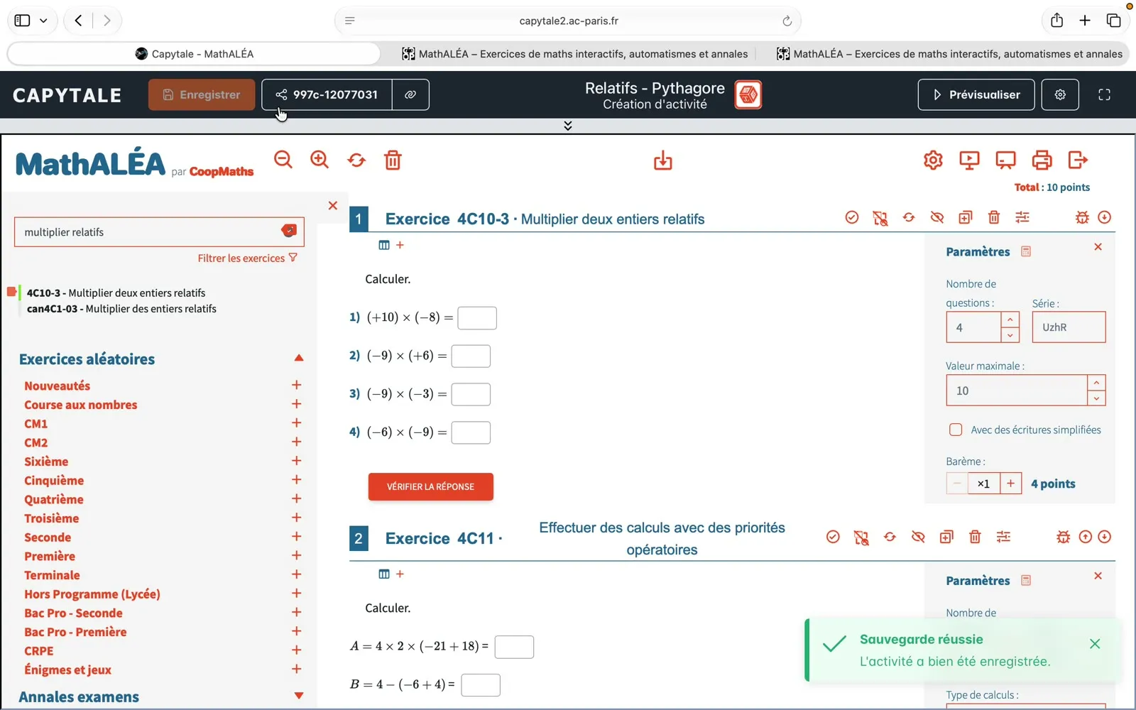 Enregistrement de l'activité et code de partage