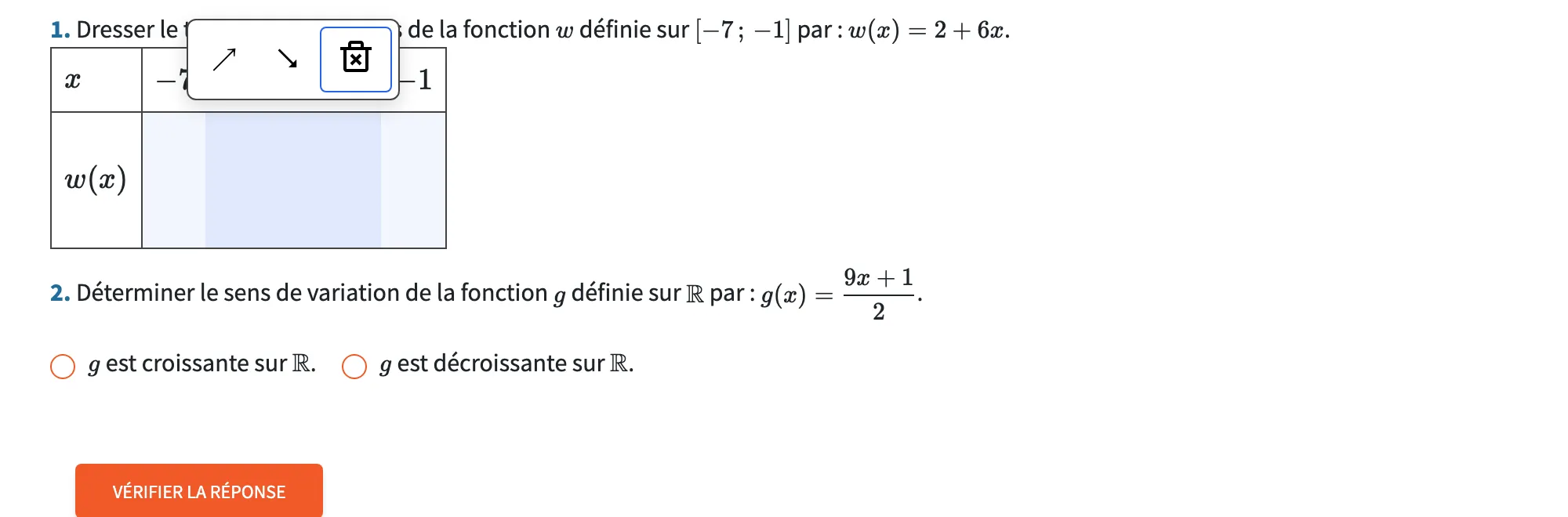 Tableau de variations : la barre d'outils propose les flèches