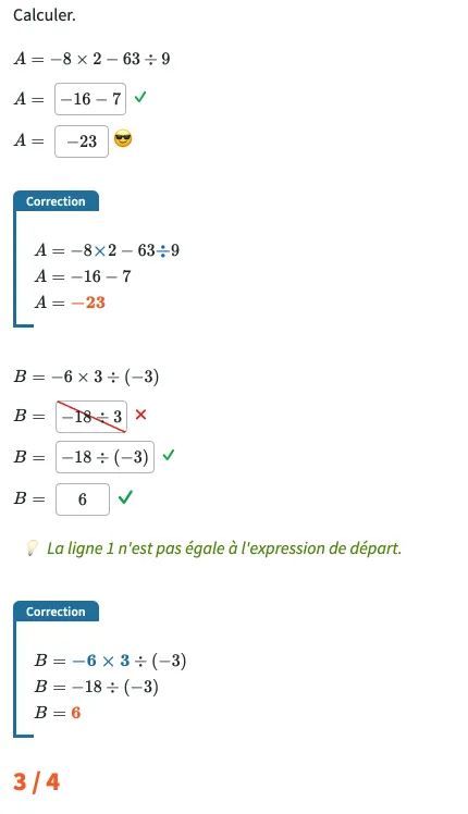 Vérification à chaque étape : le calcul de A vaut 2 points, celui de B 1 point car la première étape est fausse