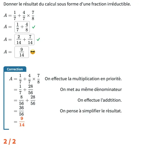 Calcul avec des fractions rédigé en trois étapes, toutes justes